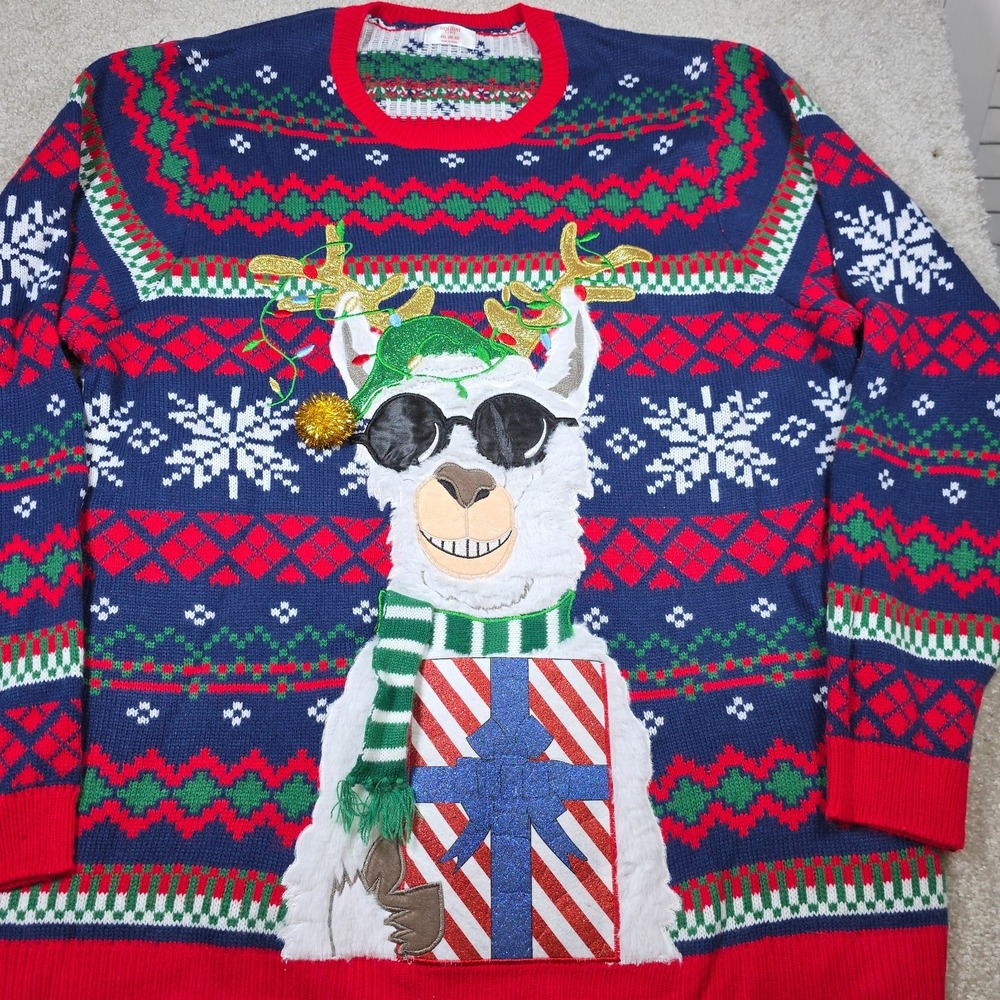 Holiday Time Sweater Mens 2XL Blue Red Pullover Llama Ugly Christmas Long Sleeve